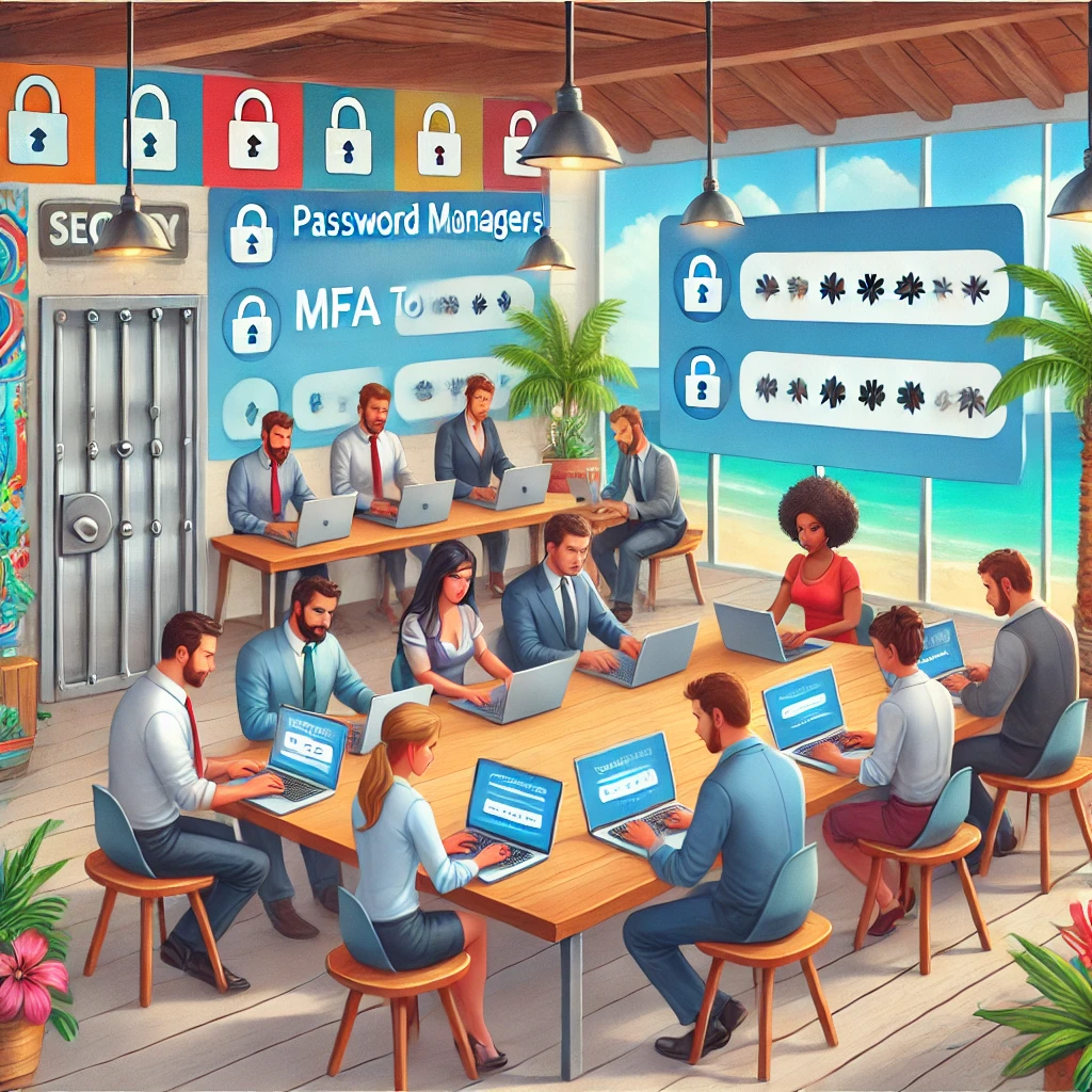 A team of employees working on their laptops, with security aspects around them.