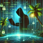 DALL·E 2025-08-18 17.54.31 - A dark hacker silhouette surrounded by glowing green lines of code attempts to crack Caribbean business accounts. The scene has a tropical cyber theme