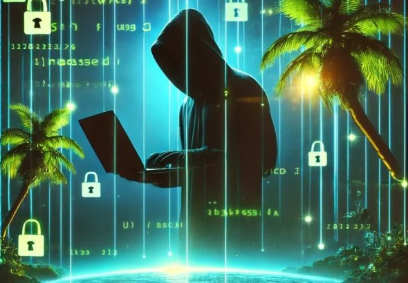 DALL·E 2025-08-18 17.54.31 - A dark hacker silhouette surrounded by glowing green lines of code attempts to crack Caribbean business accounts. The scene has a tropical cyber theme