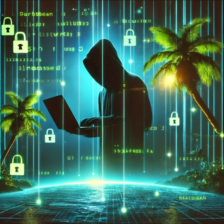 DALL·E 2025-08-18 17.54.31 - A dark hacker silhouette surrounded by glowing green lines of code attempts to crack Caribbean business accounts. The scene has a tropical cyber theme