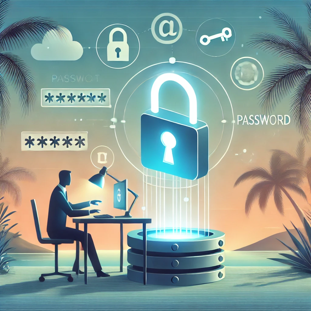 A Caribbean office setting where an IT specialist locks a digital vault with glowing password icons